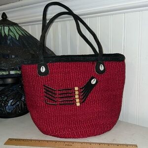 Woven handmade rattan & suede leather bag purse